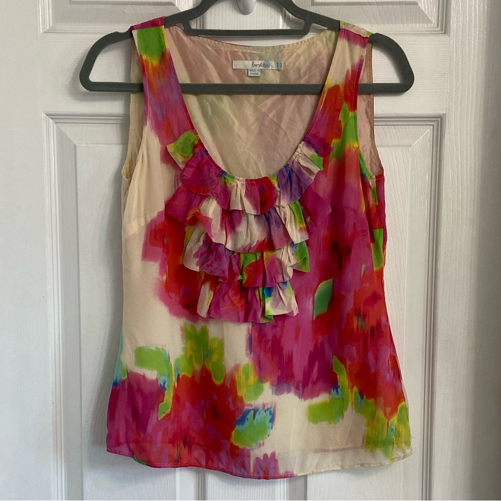 Boden Sleeveless Blouse Size 2 Beige 100% Silk Watercolor Print Ruffle Lined